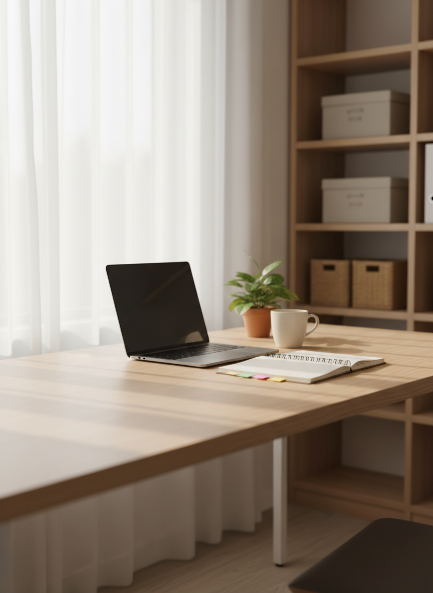 A spacious, uncluttered home workspace designed for deep focus, featuring a large light-wood desk with a smooth matte surface, a slim laptop slightly open, and a neatly arranged notebook with colorful page markers peeking out. A ceramic mug and a small, leafy plant add warmth and texture. The desk is positioned near a wide window with sheer white curtains, where soft morning sunlight pours in, casting gentle, elongated shadows and subtle highlights along the desk edge. Background shelves hold a few closed storage boxes and baskets, hinting at organized systems without visual chaos. Photographic realism at eye level, with a shallow depth of field that keeps the workspace in sharp focus while the background blurs softly, creating a calm, non-clinical, welcoming atmosphere for ADHD-friendly productivity.