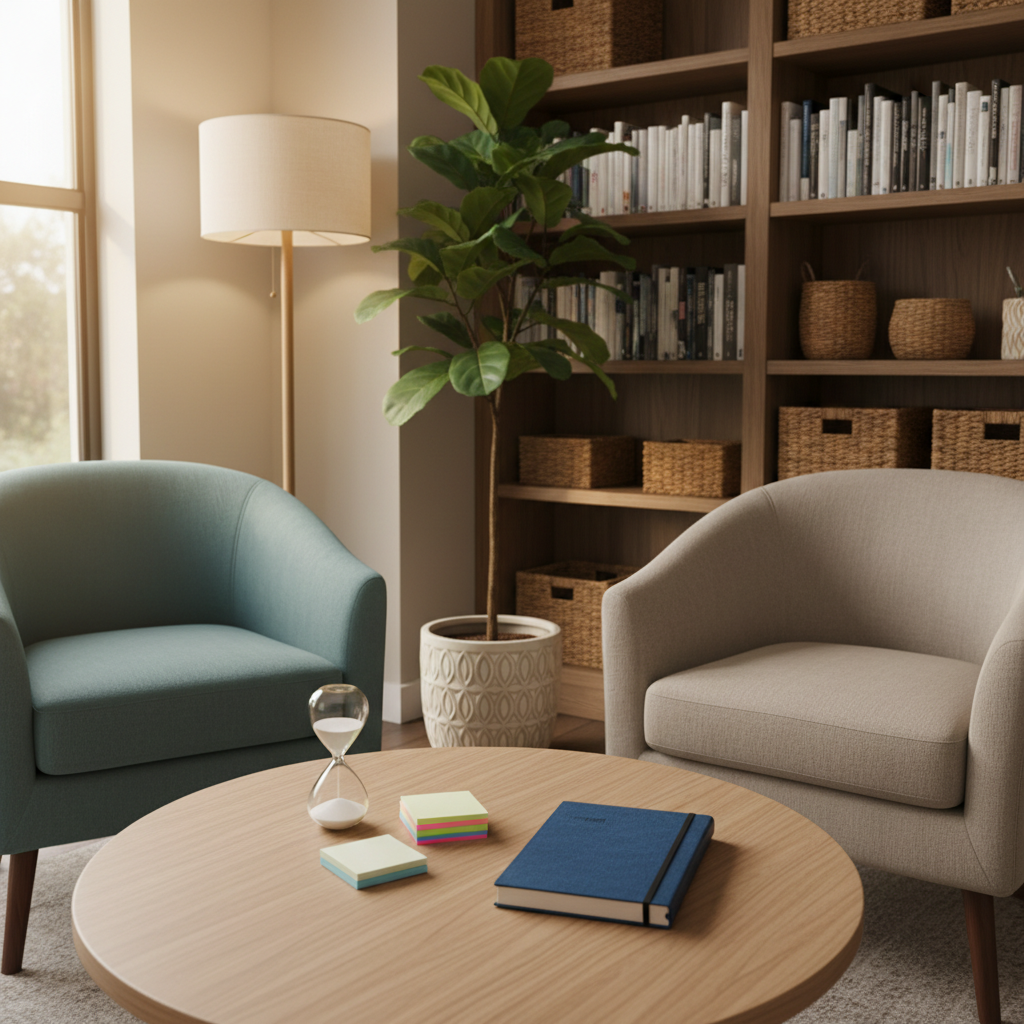A cozy therapy office corner tailored for adults with ADHD, with two soft fabric armchairs in muted teal and warm gray beside a leafy floor plant, a low round natural-wood table, and warm afternoon light.