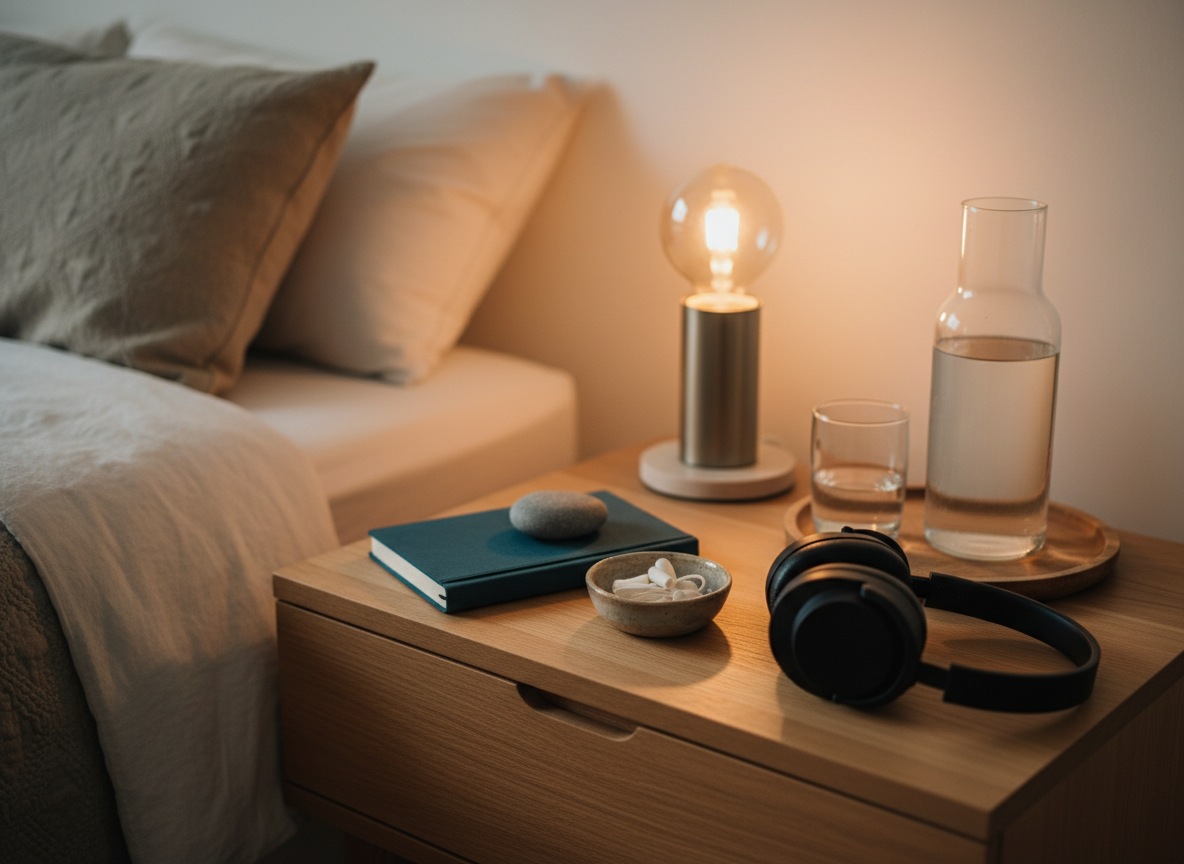 A serene evening self-care setup with a cloth-bound notebook, river stone, and noise-canceling headphones on a light oak bedside table in warm lamp light, suggesting gentle, practical ADHD support.