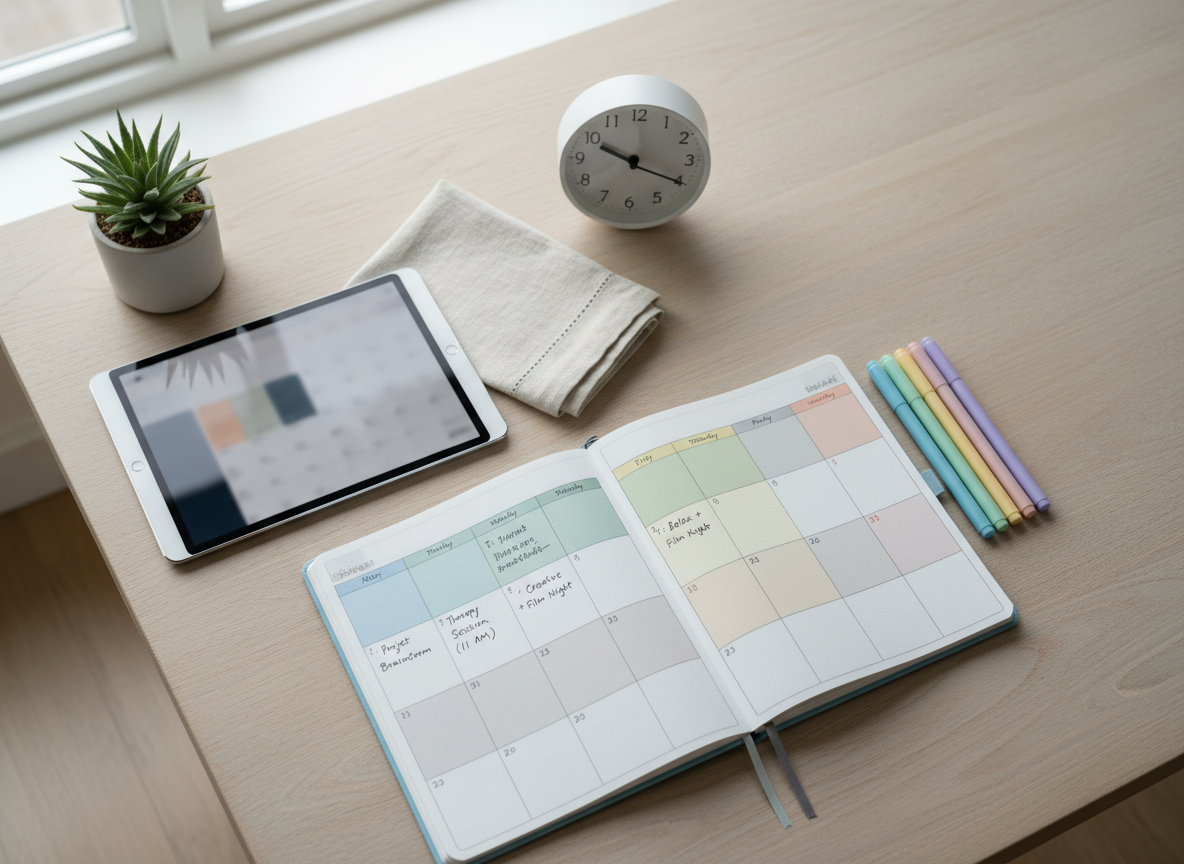 A structured yet gentle planning scene on pale wood, with an open weekly planner, pastel pens, and a simple analog clock in soft overcast daylight, suggesting a low-pressure, ADHD-friendly approach to time management.